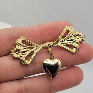 Gold Tone Floral Heart Pendant Locket Bar Brooch